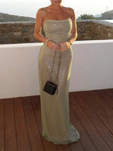 Women's Elegant Knitted Spaghetti Strap Dress, Sexy Fitted Thigh High Slit Sparkling Sequin Spaghetti Strap Backless Party Evening Gown